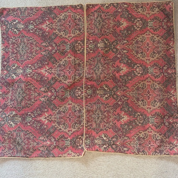 2 Vintage King Size 18 x 33” Woven Tapestry Crimson Cream Trim Pillow Covers - Picture 7 of 16